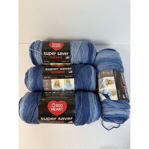 4 Skeins Red Heart Super Saver OMBRE True Blue Striping Medium 10 oz 482 yds ea